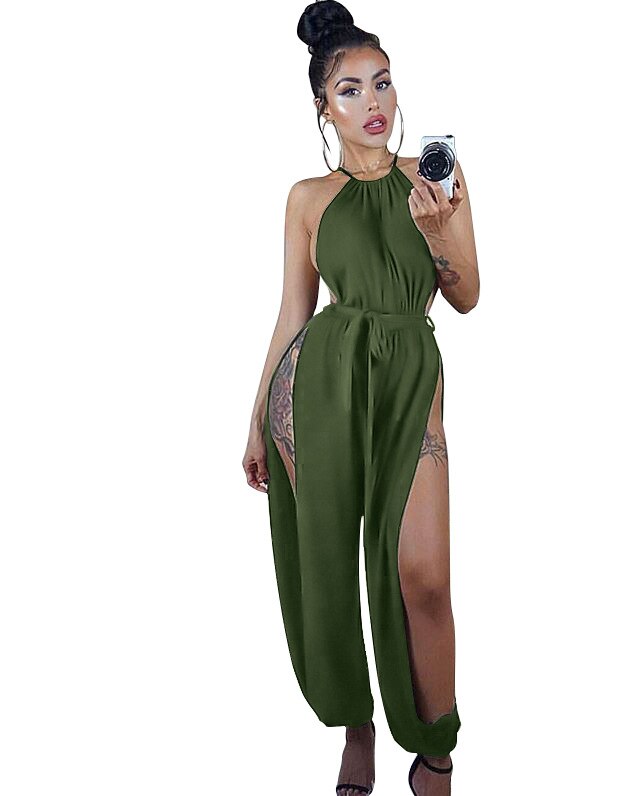 Women Hollow Out Jumpsuit Casual Solid Sleeveless O-Neck Belt Jumpsuit Sexy Lace Up Slim Rompers Jumpsuit