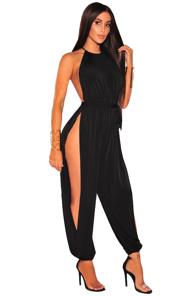 Women Hollow Out Jumpsuit Casual Solid Sleeveless O-Neck Belt Jumpsuit Sexy Lace Up Slim Rompers Jumpsuit