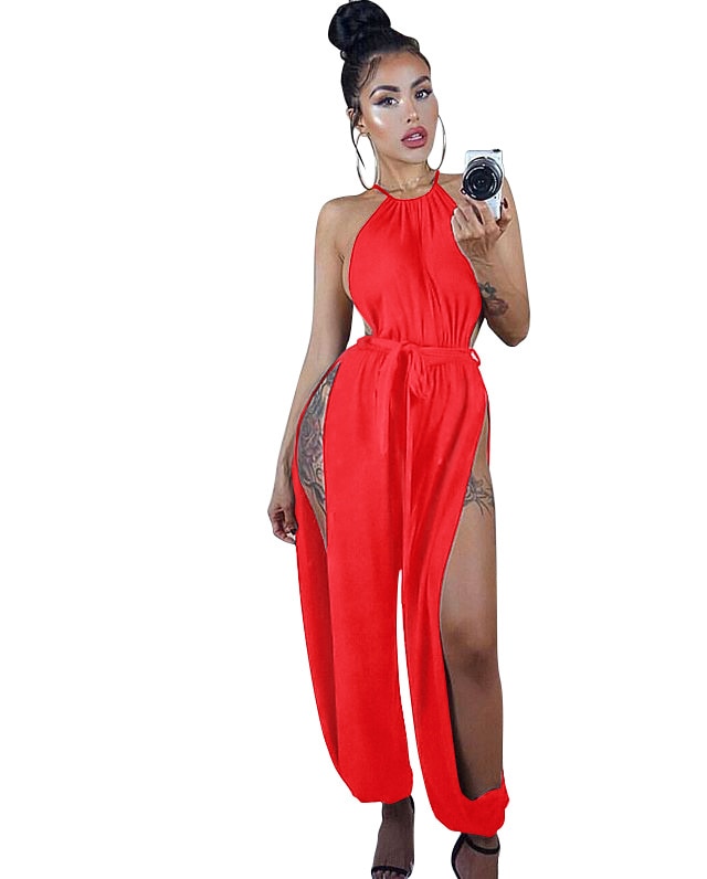 Women Hollow Out Jumpsuit Casual Solid Sleeveless O-Neck Belt Jumpsuit Sexy Lace Up Slim Rompers Jumpsuit