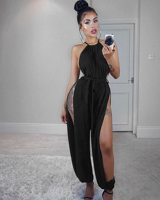 Women Hollow Out Jumpsuit Casual Solid Sleeveless O-Neck Belt Jumpsuit Sexy Lace Up Slim Rompers Jumpsuit