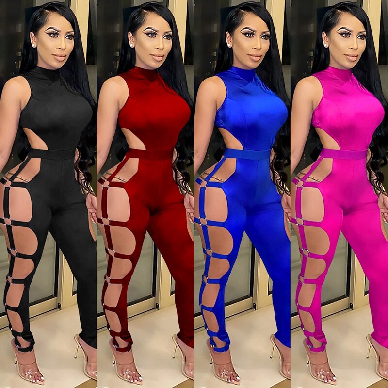 Sexy Black Bodycon Jumpsuit Romper Women Overalls Backless Hollow Out Club Night Outfits Elegant Rompers Womens Jumpsuit Catsuit