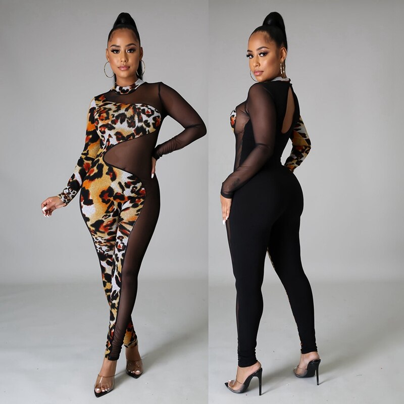 Party Club Rompers Womens Jumpsuit Elegant Print Sheer Mesh Black Sexy Jumpsuit Long Sleeve Overalls One Piece Bodycon Romper