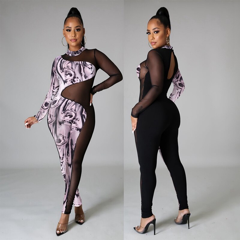 Party Club Rompers Womens Jumpsuit Elegant Print Sheer Mesh Black Sexy Jumpsuit Long Sleeve Overalls One Piece Bodycon Romper