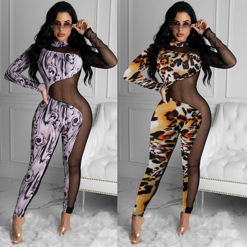 Party Club Rompers Womens Jumpsuit Elegant Print Sheer Mesh Black Sexy Jumpsuit Long Sleeve Overalls One Piece Bodycon Romper