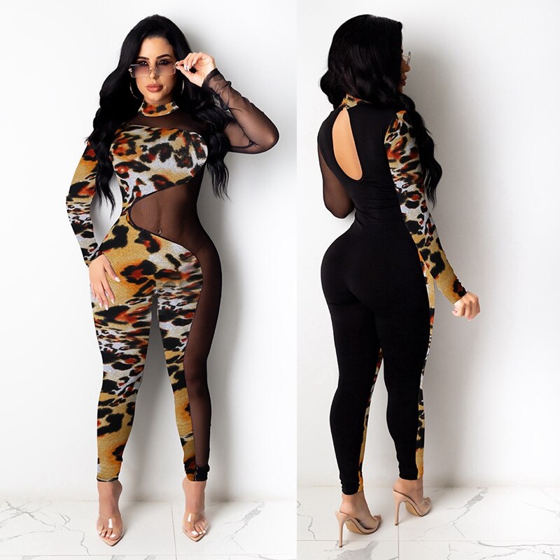 Party Club Rompers Womens Jumpsuit Elegant Print Sheer Mesh Black Sexy Jumpsuit Long Sleeve Overalls One Piece Bodycon Romper